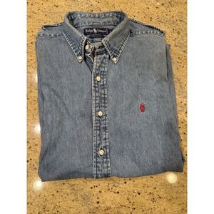 Rare Vintage 90's Polo Ralph Lauren 100% Cotton Denim Button Up Long Sleeve L